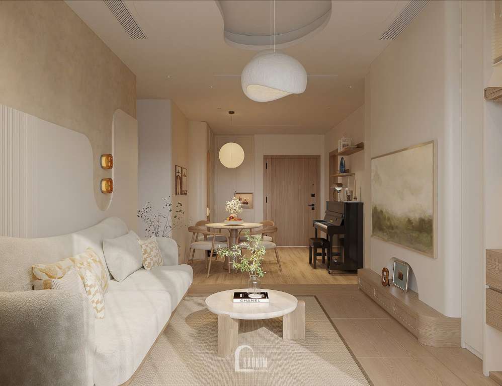 Thiết kế nội thất phòng khách nối liền mạch với phòng bếp phong cách Wabi Sabi tại chung cư Hinode City